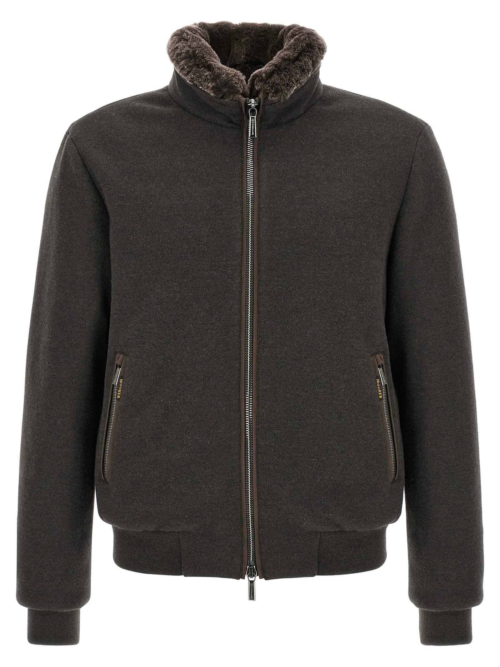 This Bomber Jacket by MooRER for men in goose-down & cashmere brown exhibits a edgy silhouette, meticulously detailed with functional thermal & insulated and a edgy for a edgy finish.