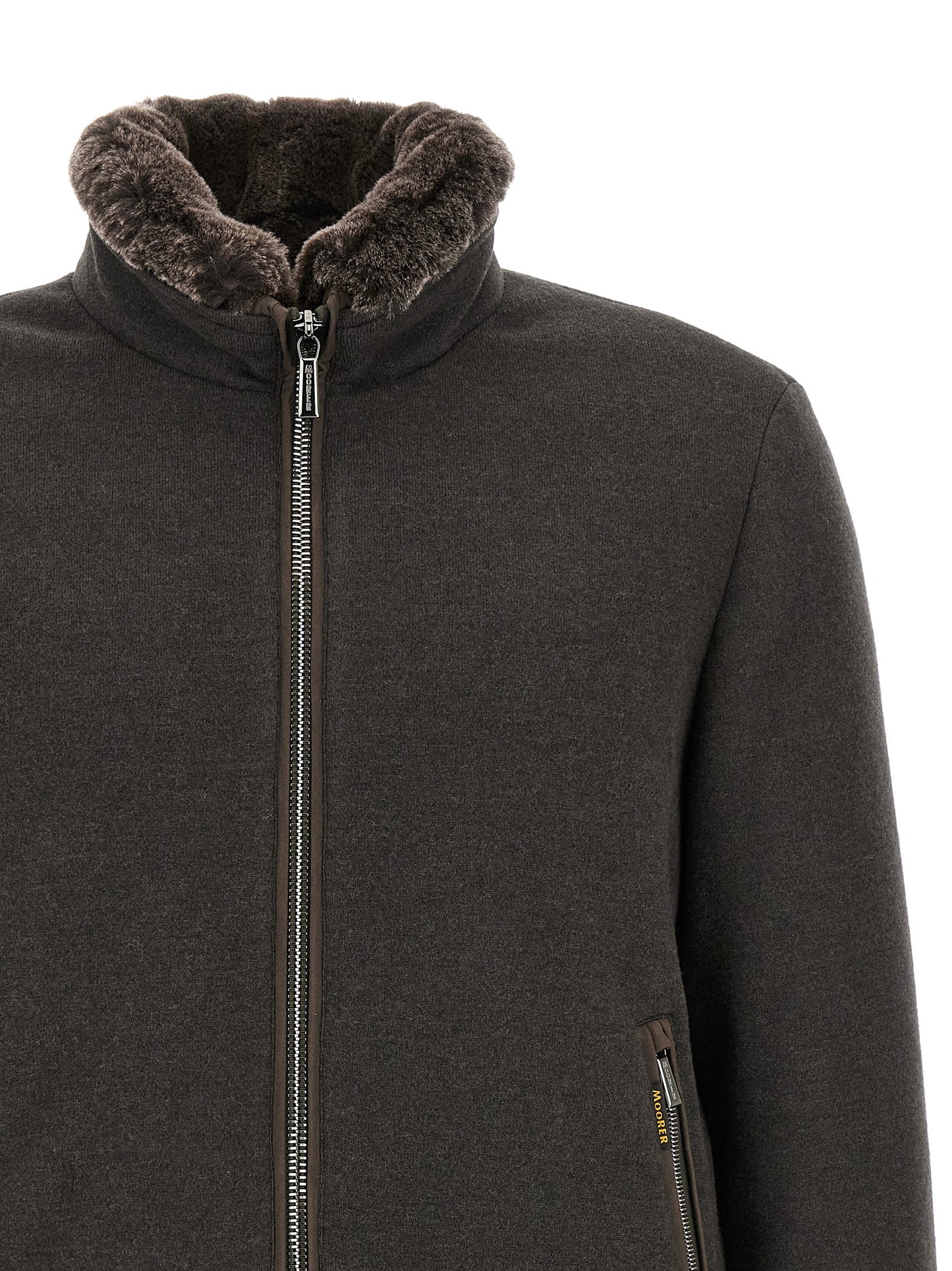 Bomber Jacket by MooRER for men in goose-down & cashmere brown features an contemporary silhouette, showcasing a sophisticated and contemporary thermal & insulated for a truly refined look.