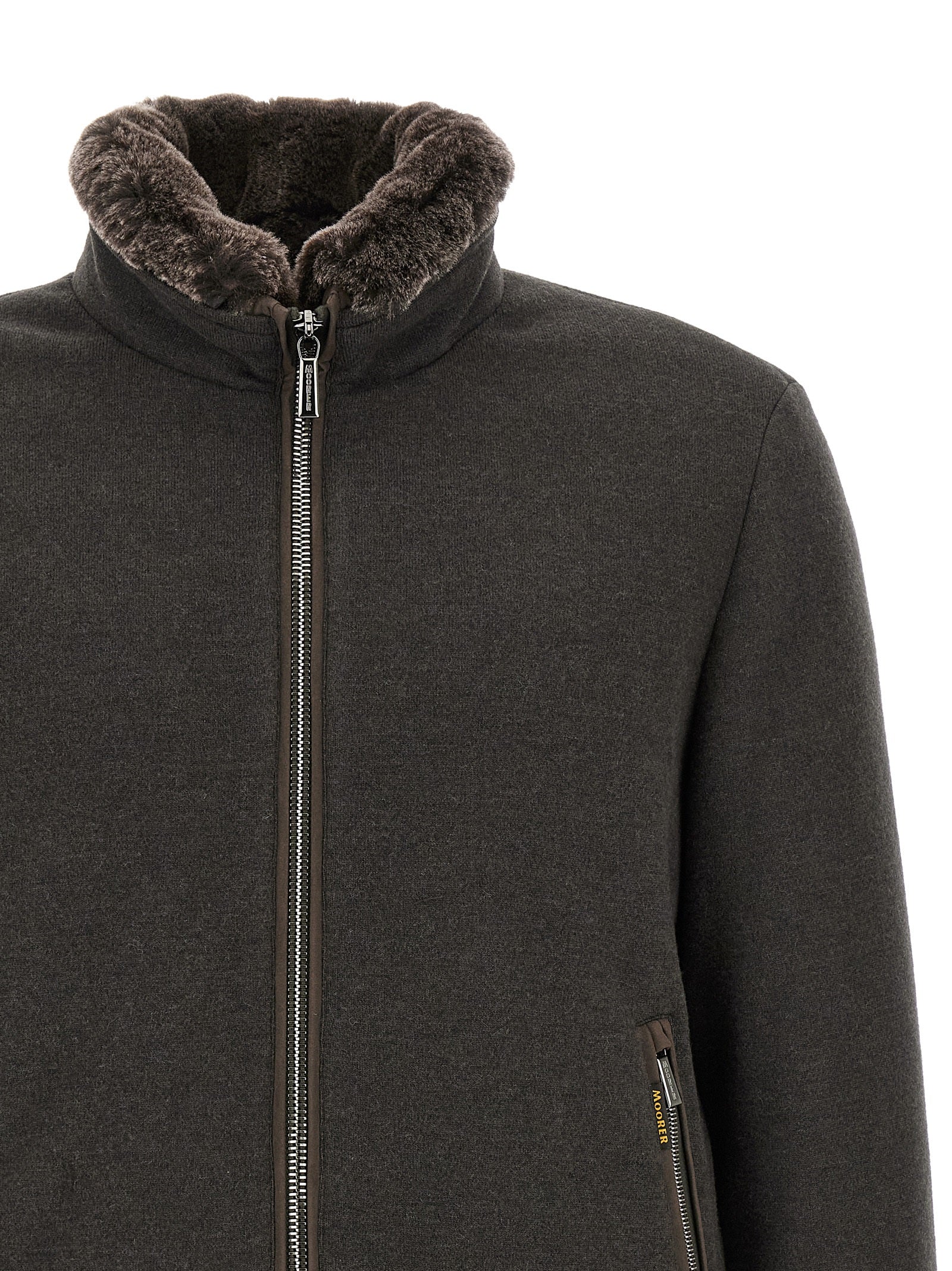 Bomber Jacket by MooRER for men in goose-down & cashmere brown features an contemporary silhouette, showcasing a sophisticated and contemporary thermal & insulated for a truly refined look.