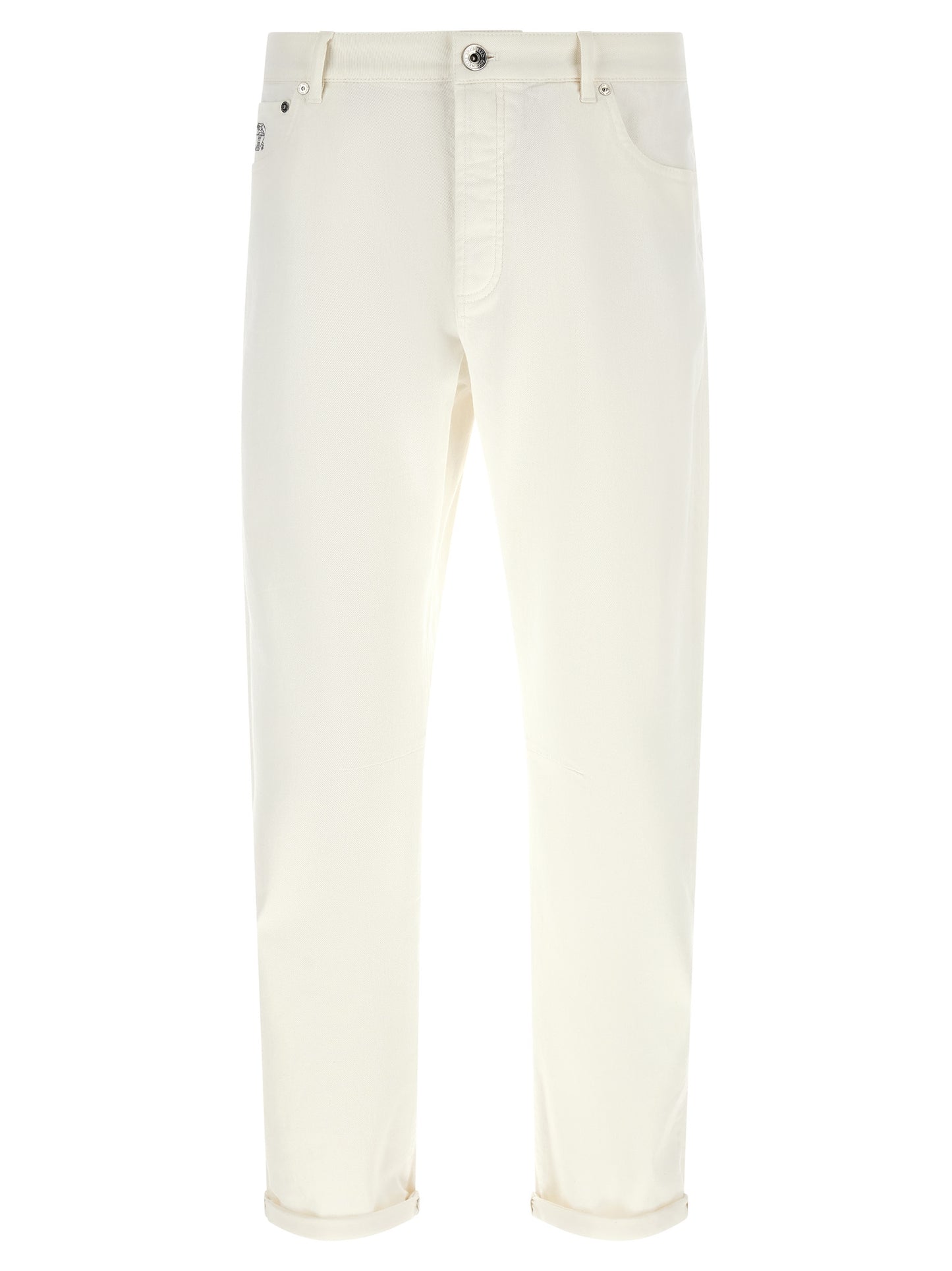 Jeans by Brunello Cucinelli for men in stretch denim cotton brown & white features an sartorial cropped and cropped with a cut for a sartorial finish.
