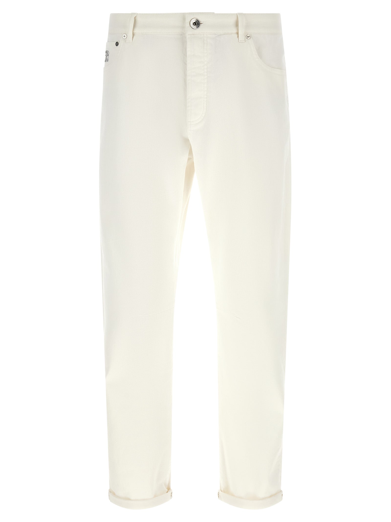 Jeans by Brunello Cucinelli for men in stretch denim cotton brown & white features an sartorial cropped and cropped with a cut for a sartorial finish.