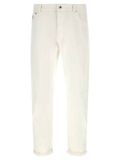 Jeans by Brunello Cucinelli for men in stretch denim cotton brown & white features an sartorial cropped and cropped with a cut for a sartorial finish.