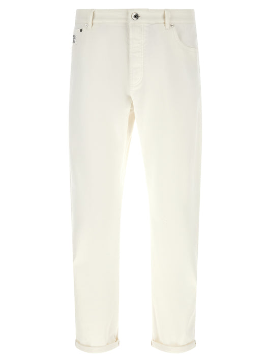 Jeans by Brunello Cucinelli for men in stretch denim cotton brown & white features an sartorial cropped and cropped with a cut for a sartorial finish.
