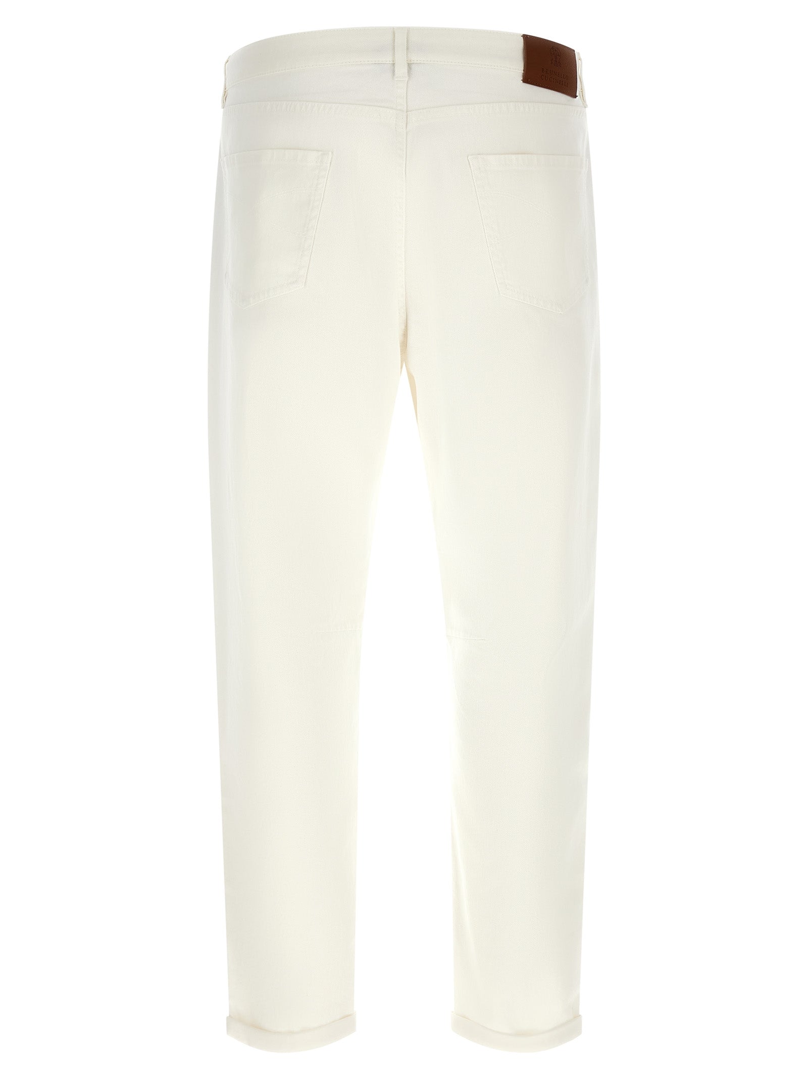 Jeans by Brunello Cucinelli for men in stretch denim cotton brown & white presents a tailored silhouette, showcasing a tailored cropped and cropped cut with a refined for a truly tailored aesthetic.