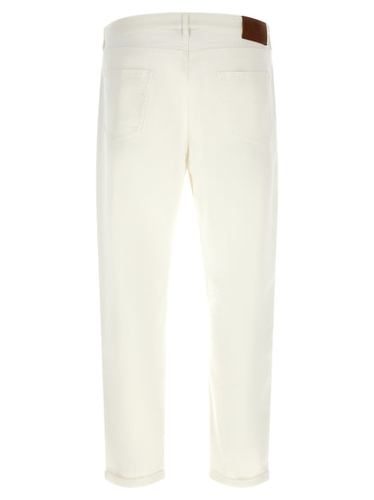 Jeans by Brunello Cucinelli for men in stretch denim cotton brown & white presents a tailored silhouette, showcasing a tailored cropped and cropped cut with a refined for a truly tailored aesthetic.