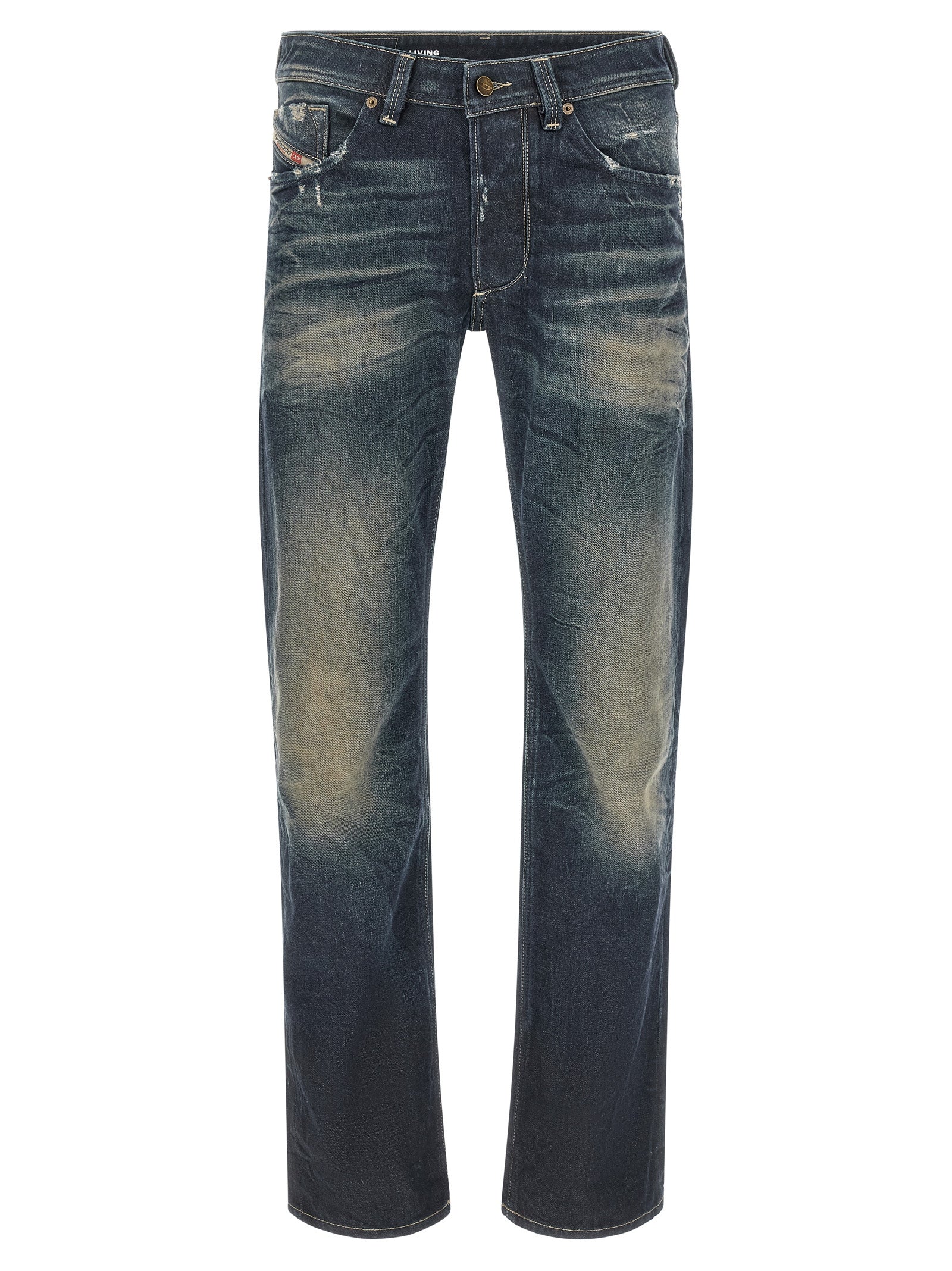 Jeans by Diesel for men in denim cotton & hemp blue presents a refined pantology silhouette, artfully defined by a refined pantology straight-leg, long, and a sophisticated .