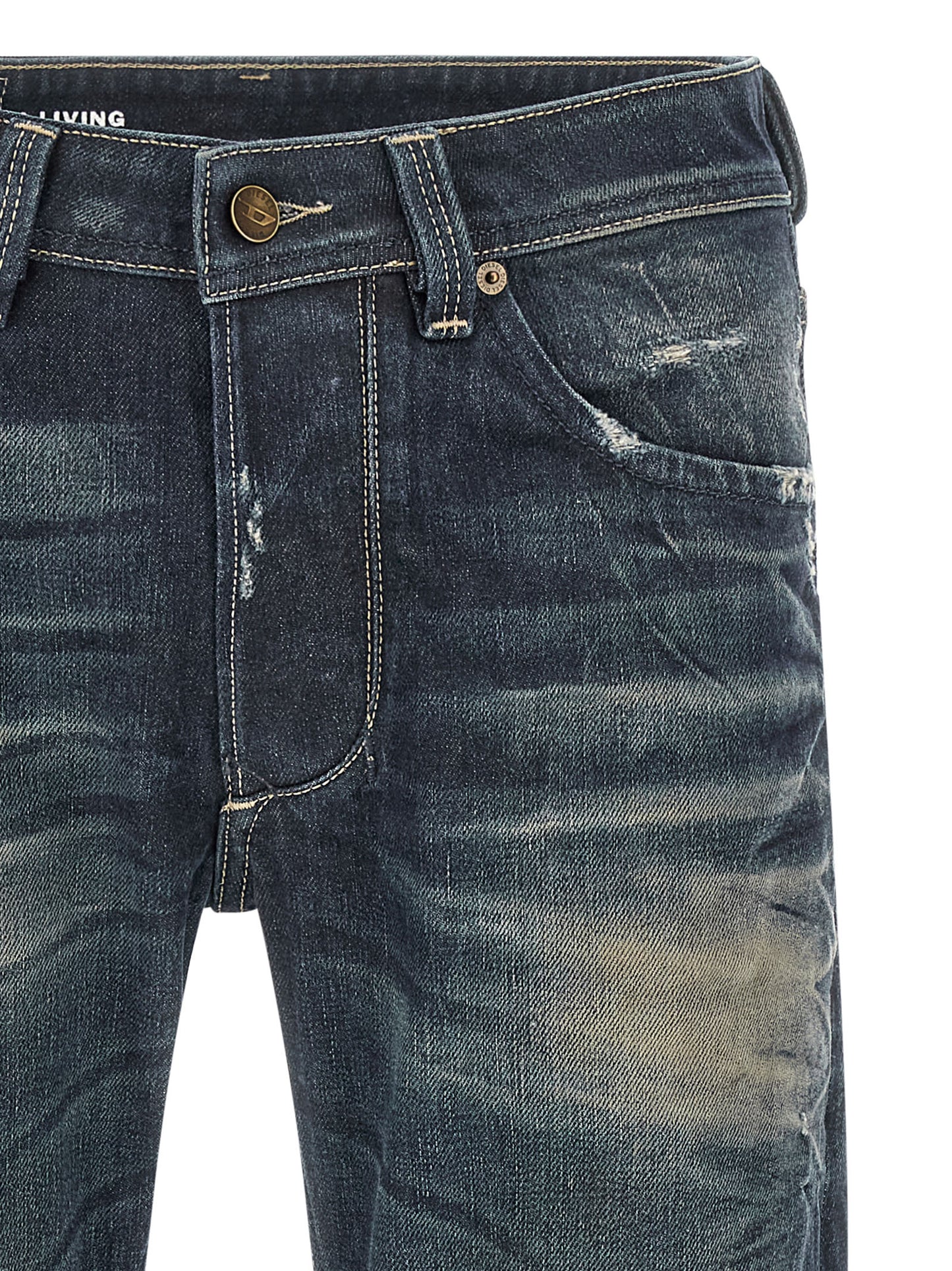 Jeans by Diesel for men in denim cotton & hemp blue presents a tailored silhouette, showcasing a tailored straight-leg and long cut with a refined for a truly tailored aesthetic.