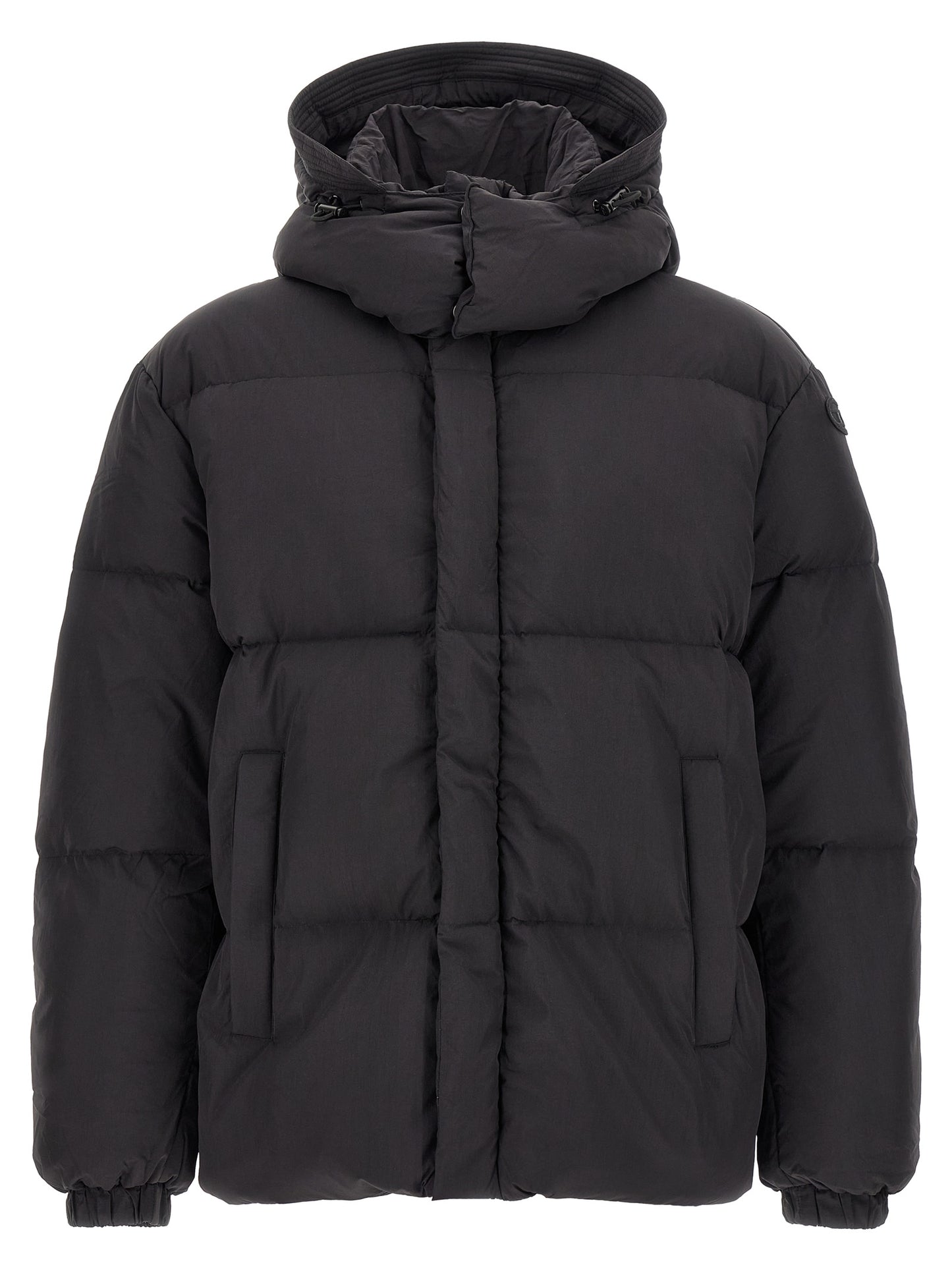Hooded Puffer Jacket by Diesel for men in polyamide black features a dramatic silhouette, showcasing a sophisticated hooded high-neck neckline and distinctive hooded & insulated for a dramatic aesthetic.