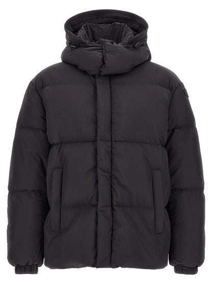 Hooded Puffer Jacket by Diesel for men in polyamide black features a dramatic silhouette, showcasing a sophisticated hooded high-neck neckline and distinctive hooded & insulated for a dramatic aesthetic.