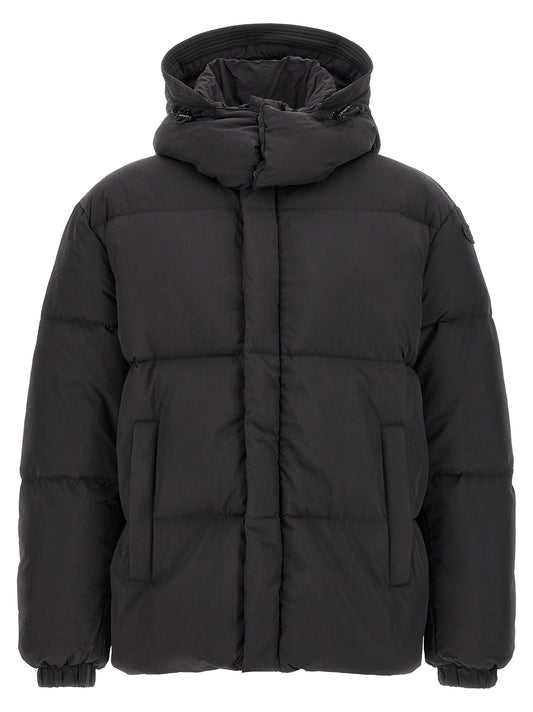 Hooded Puffer Jacket by Diesel for men in polyamide black features a dramatic silhouette, showcasing a sophisticated hooded high-neck neckline and distinctive hooded & insulated for a dramatic aesthetic.