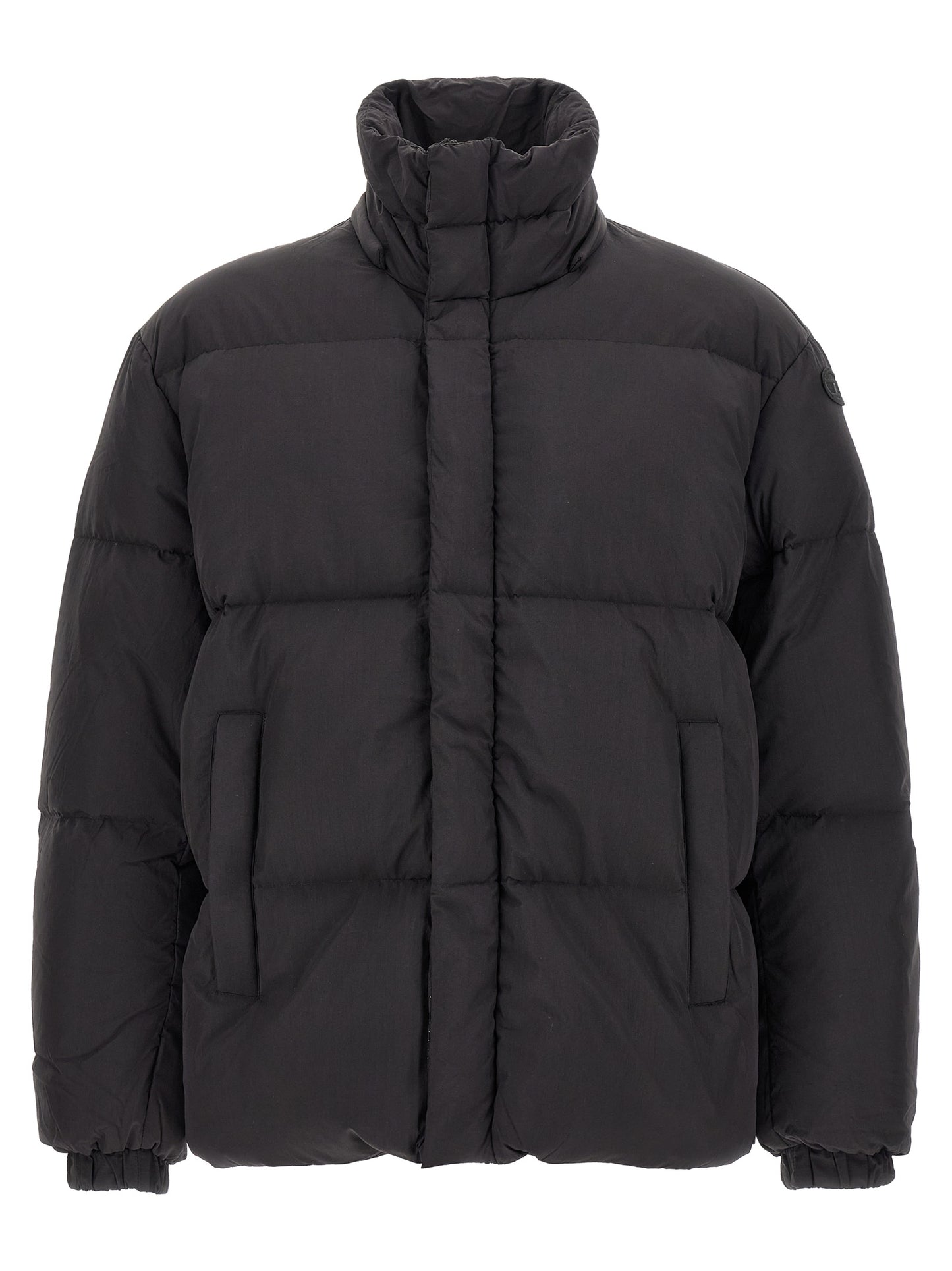 Hooded Puffer Jacket by Diesel for men in polyamide black showcases a bohemian silhouette, artfully detailed with a bohemian hooded high-neck neckline and signature hooded & insulated for a truly bohemian finish.
