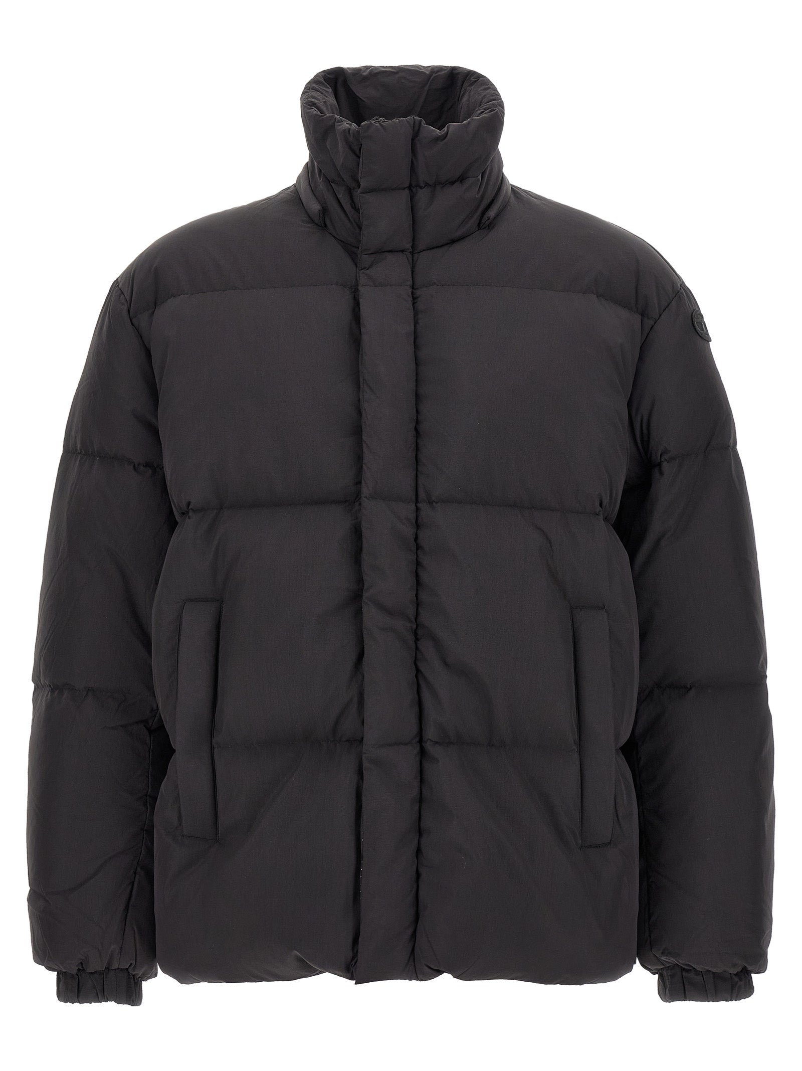 Hooded Puffer Jacket by Diesel for men in polyamide black showcases a bohemian silhouette, artfully detailed with a bohemian hooded high-neck neckline and signature hooded & insulated for a truly bohemian finish.