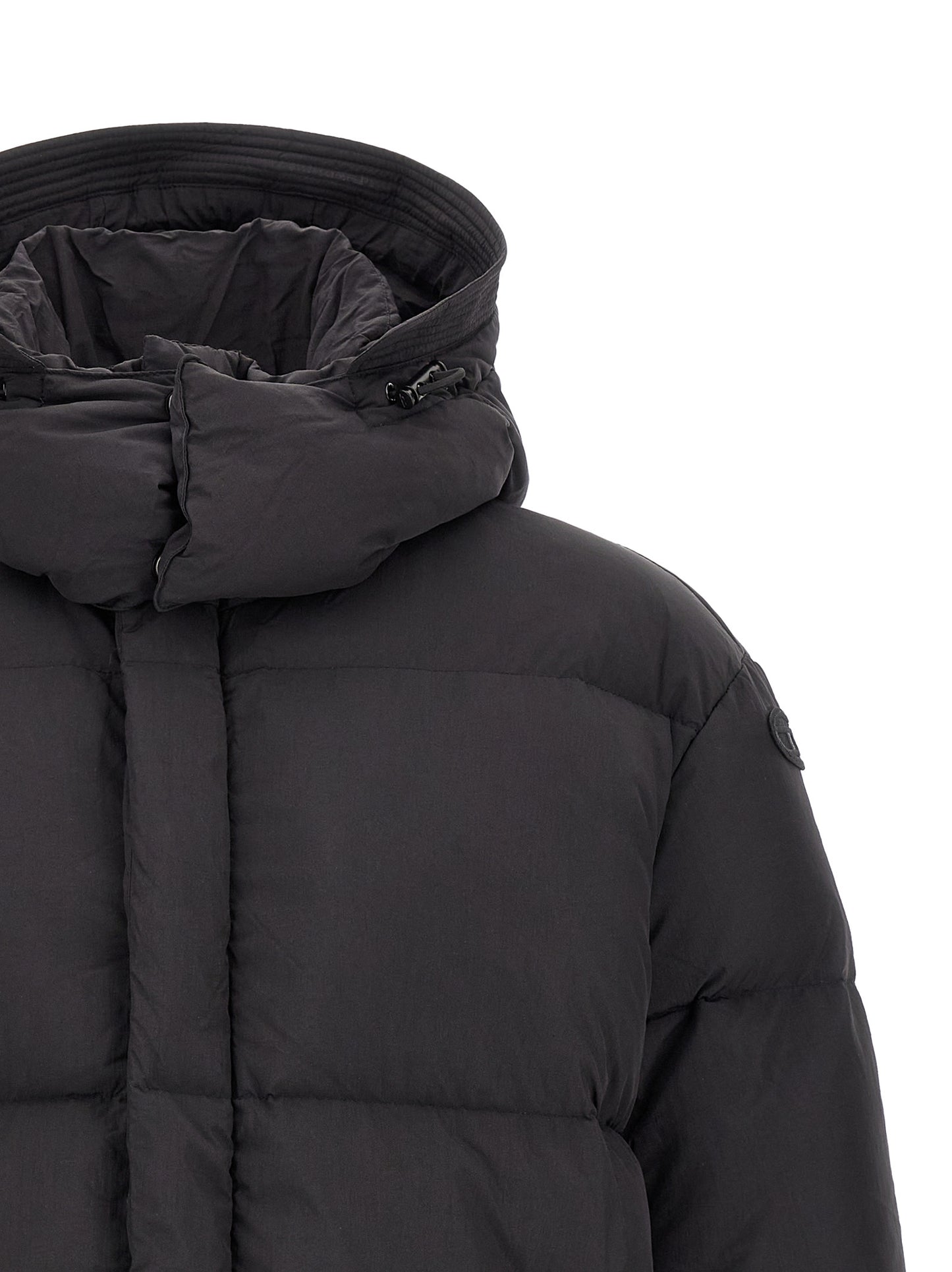 Hooded Puffer Jacket by Diesel for men in polyamide black features an on trend silhouette, showcasing refined hooded & insulated and a sophisticated hooded high-neck neckline for a truly on trend finish.