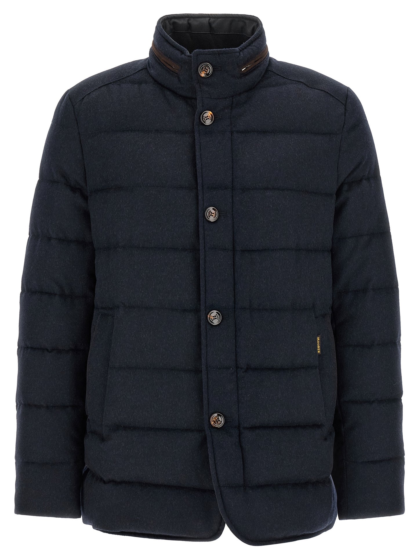 Hooded Puffer Jacket by MooRER for men in cashmere blue, horn & signature showcases a bohemian silhouette, artfully detailed with a bohemian hooded neckline and signature pockets, hooded & insulated for a truly bohemian finish.