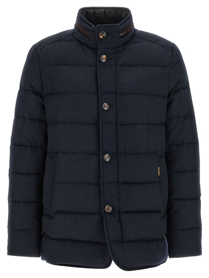 Hooded Puffer Jacket by MooRER for men in cashmere blue, horn & signature showcases a bohemian silhouette, artfully detailed with a bohemian hooded neckline and signature pockets, hooded & insulated for a truly bohemian finish.