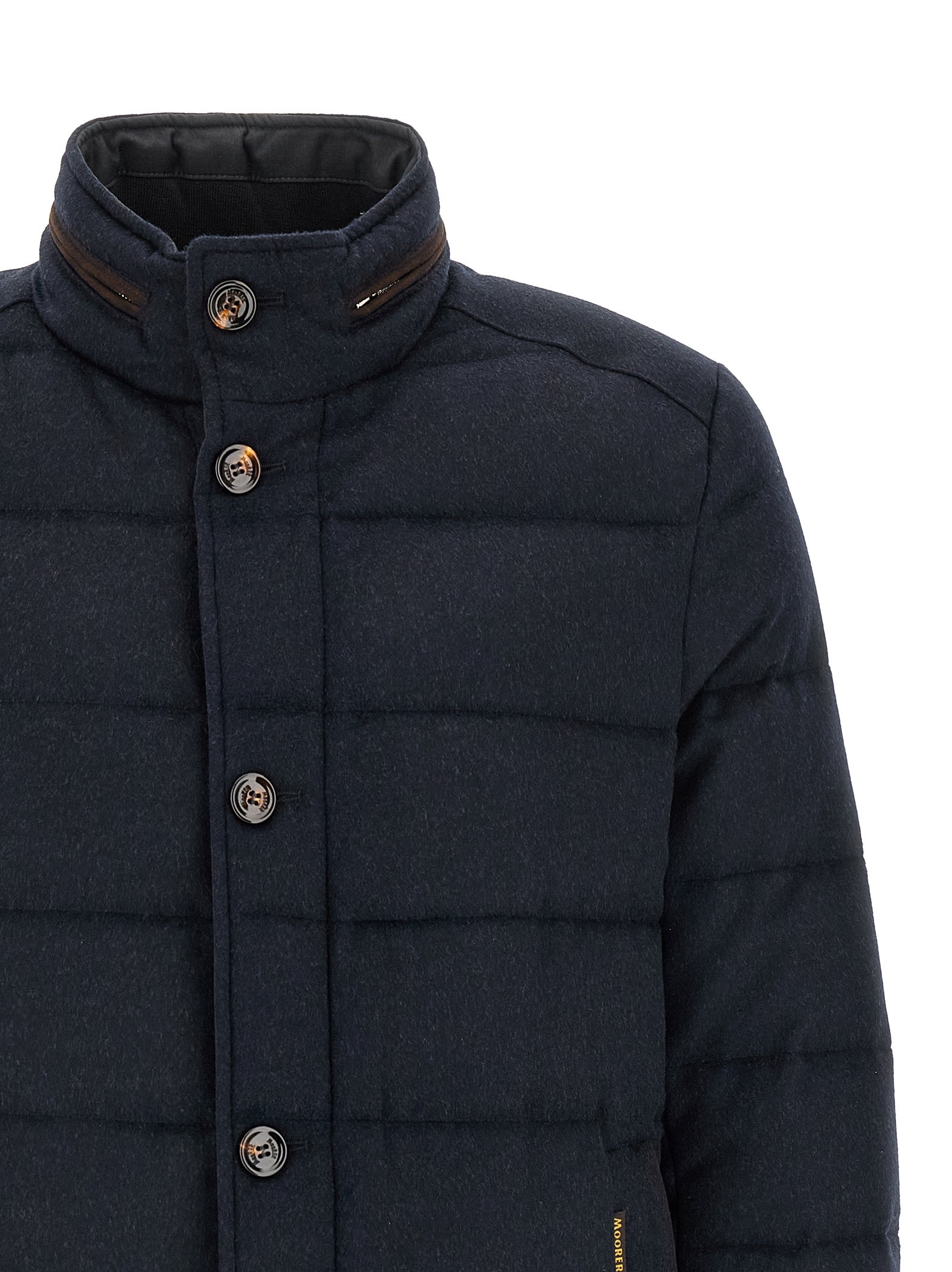 Hooded Puffer Jacket by MooRER for men in cashmere blue, horn & signature features an contemporary silhouette, showcasing a sophisticated hooded neckline and contemporary pockets, hooded & insulated for a truly refined look.