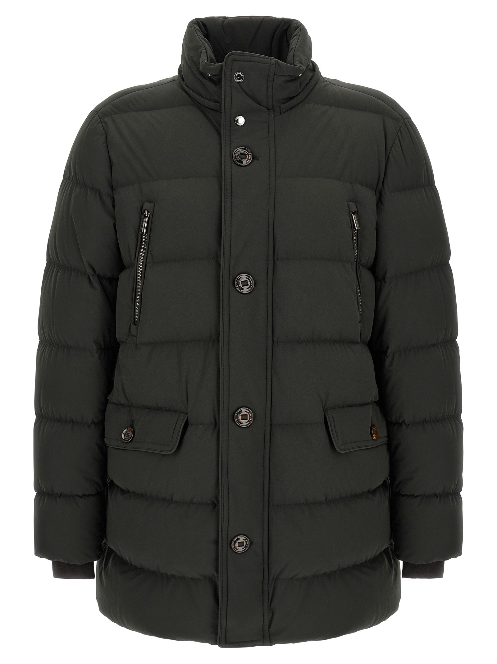Hooded Puffer Jacket by MooRER for men in cashmere bicolour & green features a city-ready silhouette, detailed with pockets, hooded & insulated and a city-ready hooded high-neck neckline.