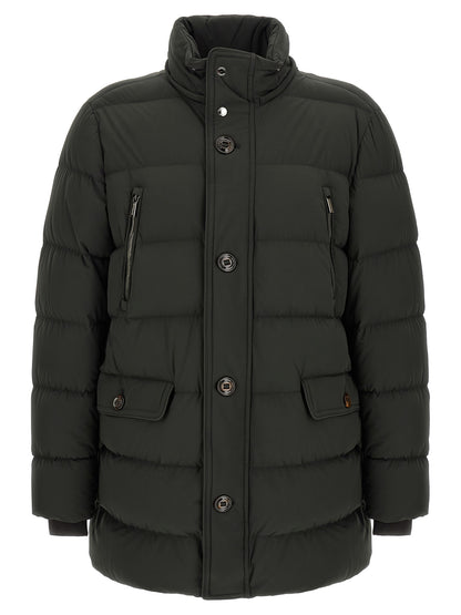 Hooded Puffer Jacket by MooRER for men in cashmere bicolour & green features a city-ready silhouette, detailed with pockets, hooded & insulated and a city-ready hooded high-neck neckline.