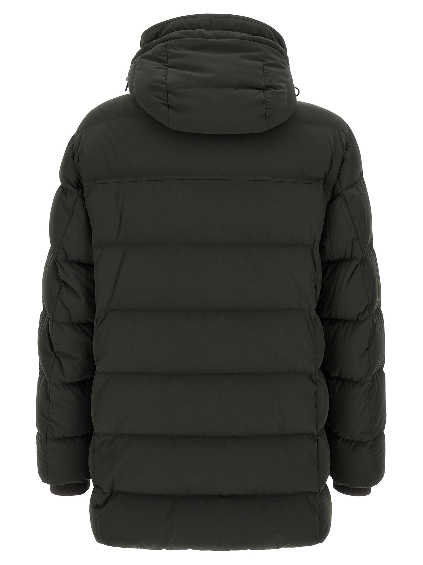 Hooded Puffer Jacket by MooRER for men in cashmere bicolour & green showcases a bohemian silhouette, artfully detailed with a bohemian hooded high-neck neckline and signature pockets, hooded & insulated for a truly bohemian finish.