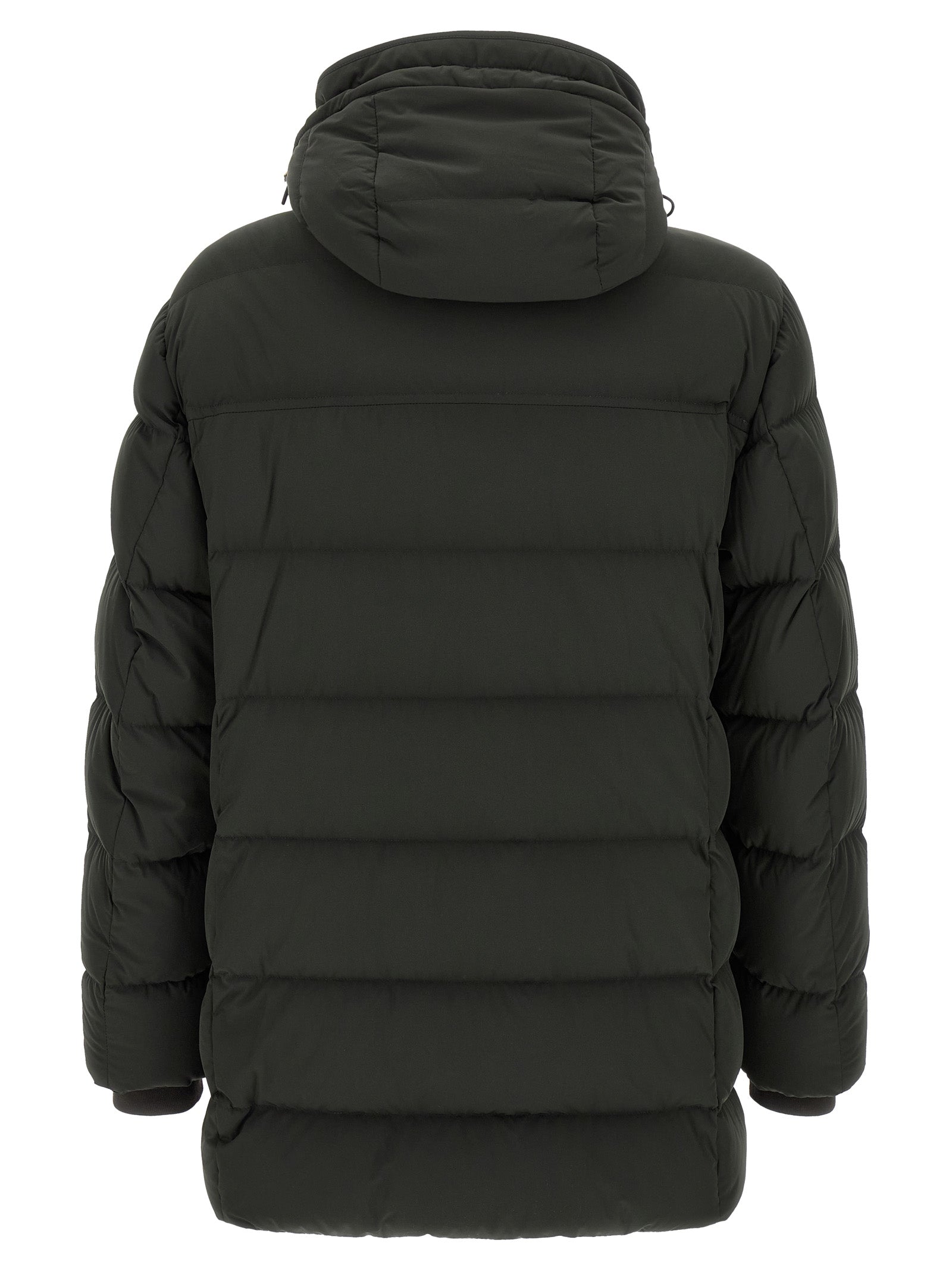 Hooded Puffer Jacket by MooRER for men in cashmere bicolour & green showcases a bohemian silhouette, artfully detailed with a bohemian hooded high-neck neckline and signature pockets, hooded & insulated for a truly bohemian finish.