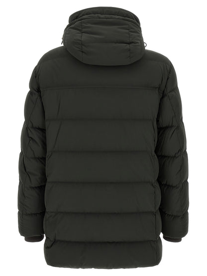 Hooded Puffer Jacket by MooRER for men in cashmere bicolour & green showcases a bohemian silhouette, artfully detailed with a bohemian hooded high-neck neckline and signature pockets, hooded & insulated for a truly bohemian finish.