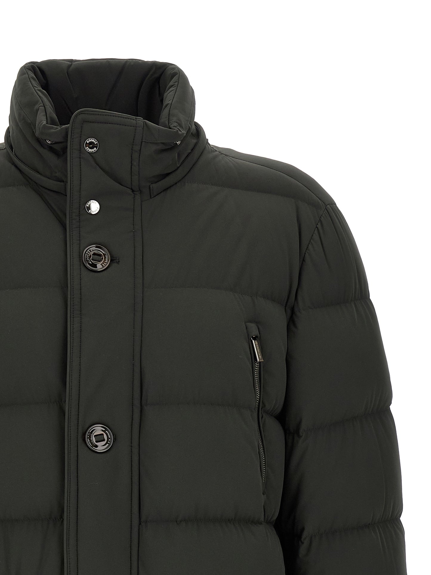 Hooded Puffer Jacket by MooRER for men in cashmere bicolour & green features an on trend silhouette, showcasing refined pockets, hooded & insulated and a sophisticated hooded high-neck neckline for a truly on trend finish.