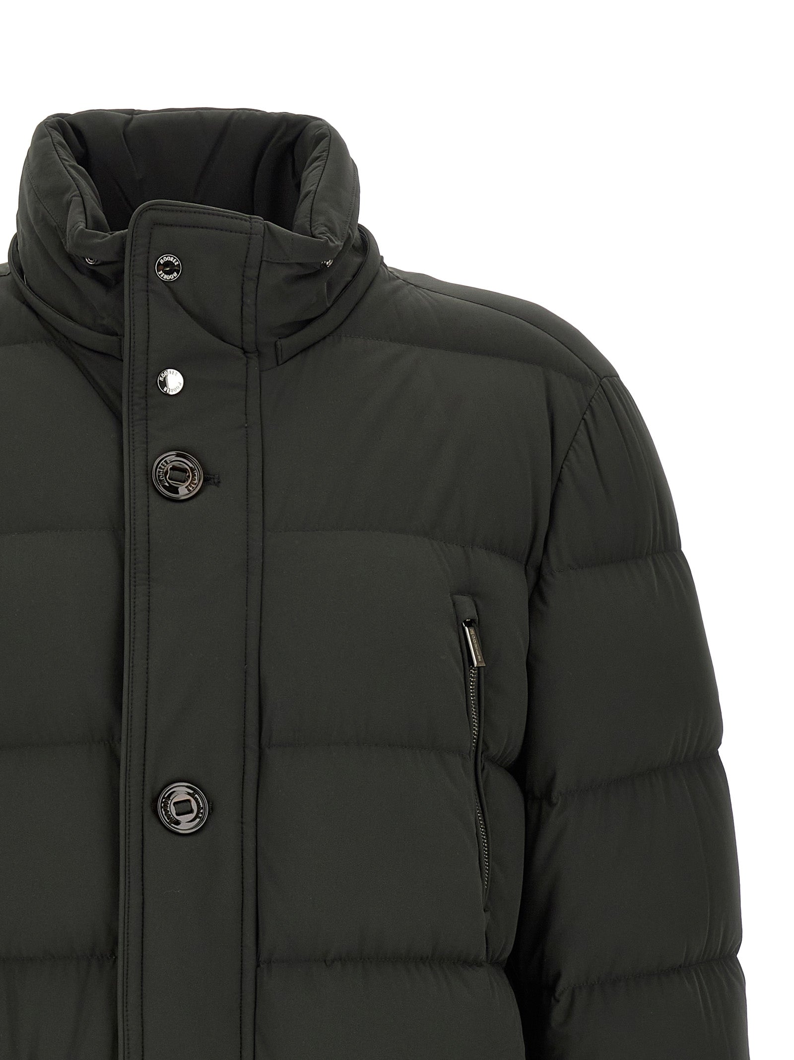 Hooded Puffer Jacket by MooRER for men in cashmere bicolour & green features an on trend silhouette, showcasing refined pockets, hooded & insulated and a sophisticated hooded high-neck neckline for a truly on trend finish.