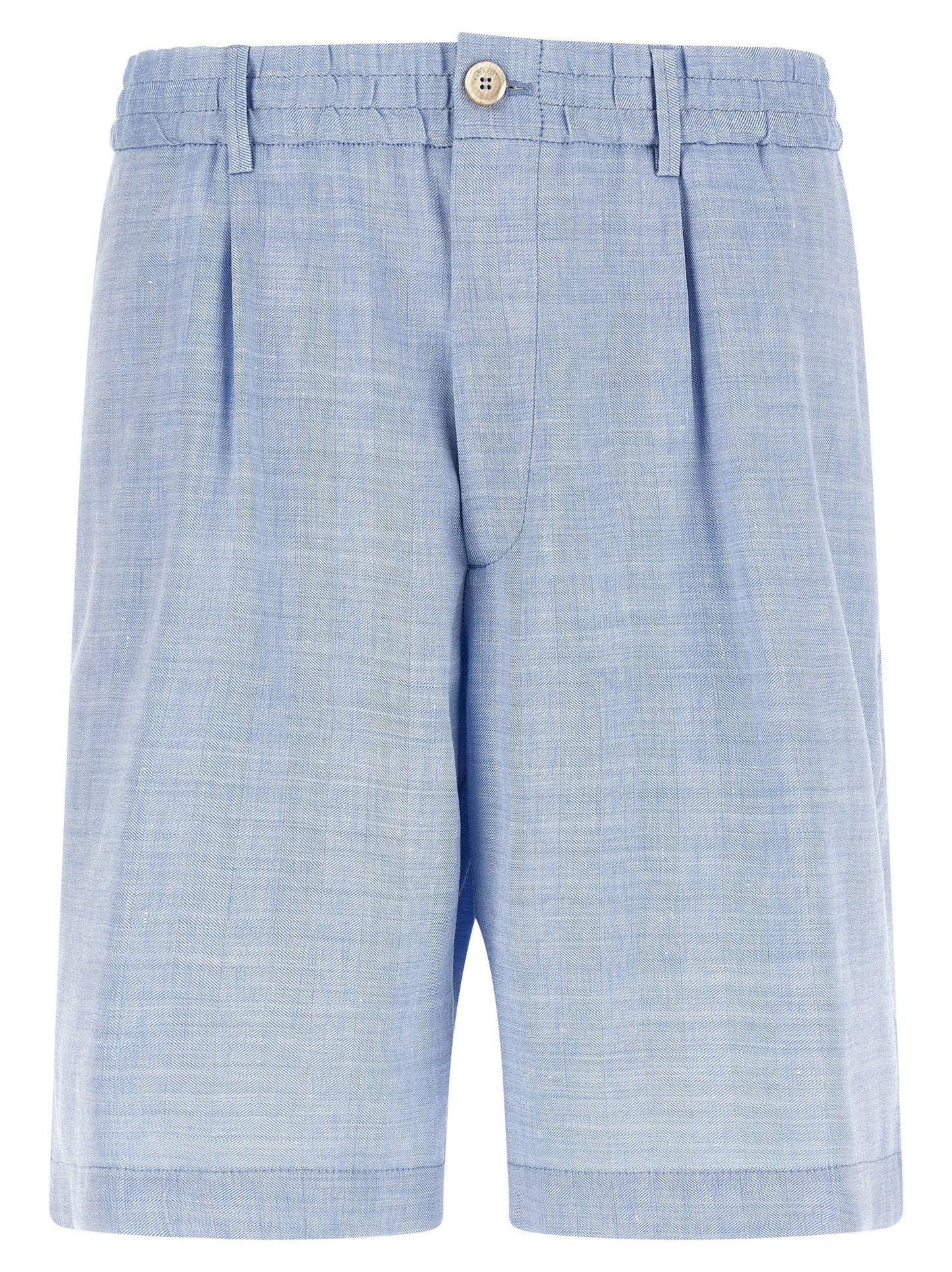 Bermuda Shorts by Brunello Cucinelli for men in linen & virgin wool light-blue & chevron presents a sleek silhouette, featuring a sleek relaxed-fit with a refined short and a sophisticated .