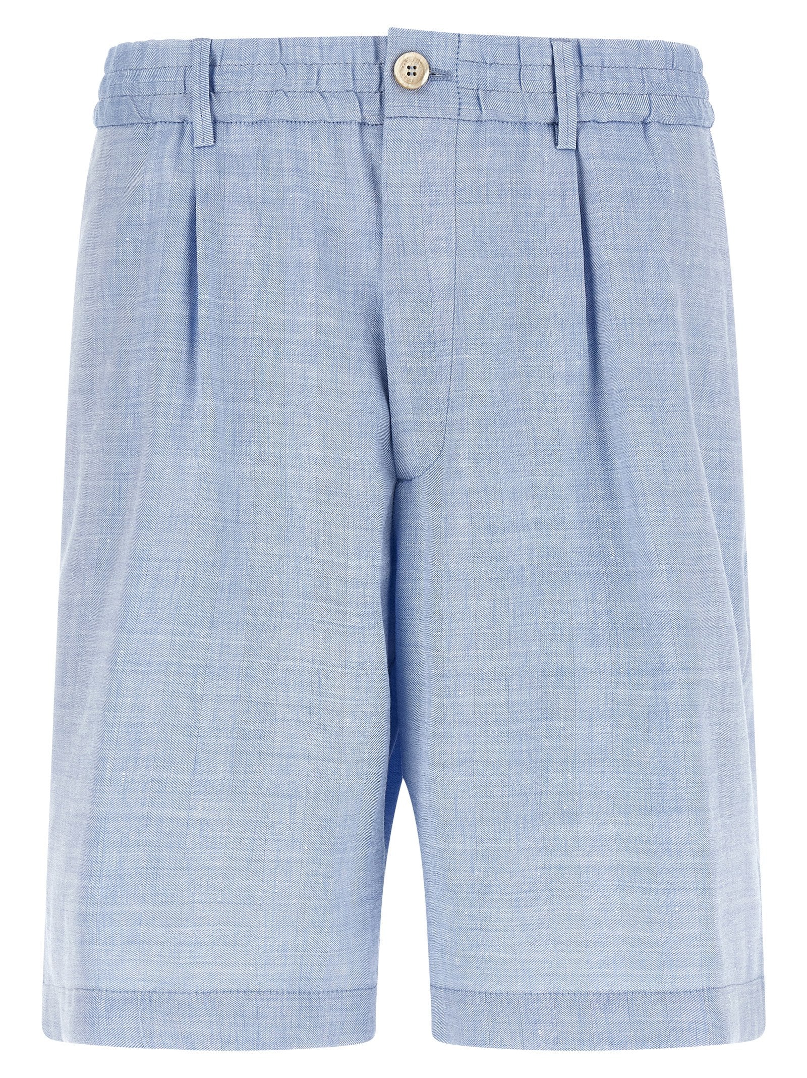 Bermuda Shorts by Brunello Cucinelli for men in linen & virgin wool light-blue & chevron presents a sleek silhouette, featuring a sleek relaxed-fit with a refined short and a sophisticated .