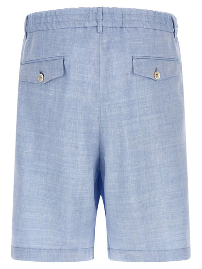Bermuda Shorts by Brunello Cucinelli for men in linen & virgin wool light-blue & chevron features a sartorial silhouette, showcasing a sartorial relaxed-fit and short with a sophisticated for a sartorial look.