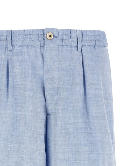 Bermuda Shorts by Brunello Cucinelli for men in linen & virgin wool light-blue & chevron features an tailored silhouette, showcasing a tailored relaxed-fit with a short and for a sophisticated look.