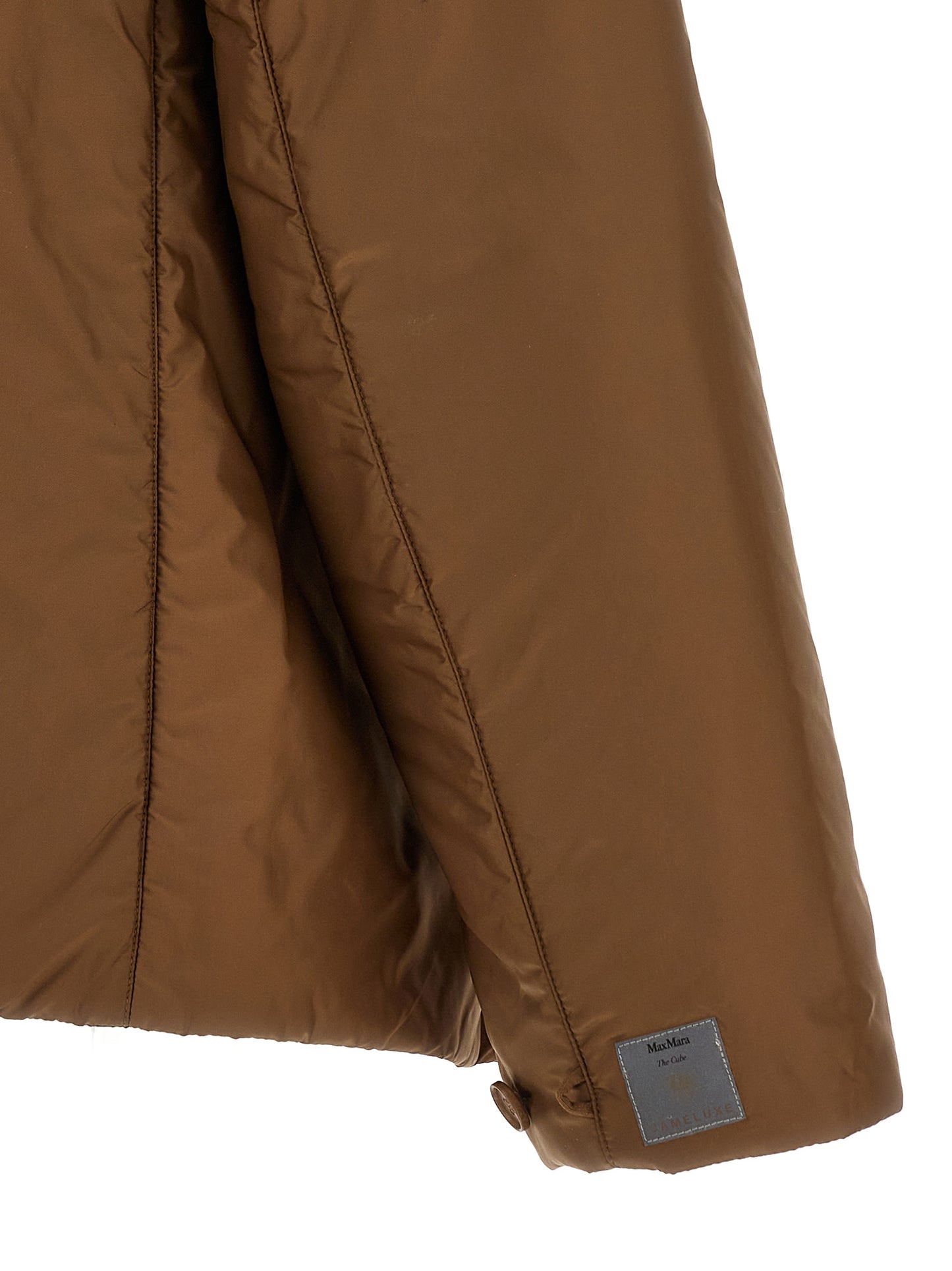Hooded Windbreaker Jacket by Max Mara for women in polyester brown & gold features an enduring silhouette, showcasing technical water-resistant, hooded & windproof and a sophisticated for a truly enduring aesthetic.
