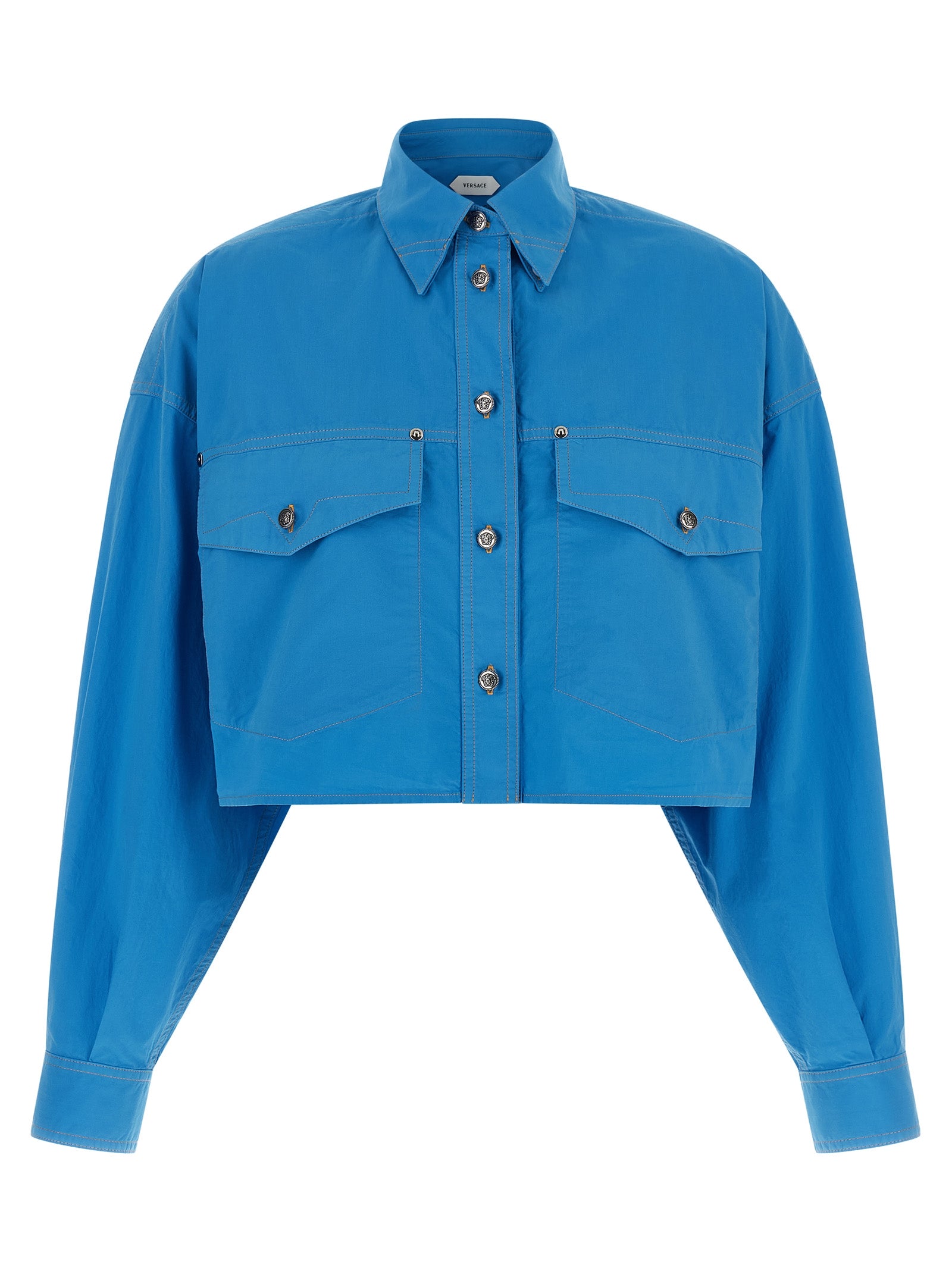 Blouse by Versace for women in cotton blue, featuring a nuanced and nuanced for a sophisticated finish.