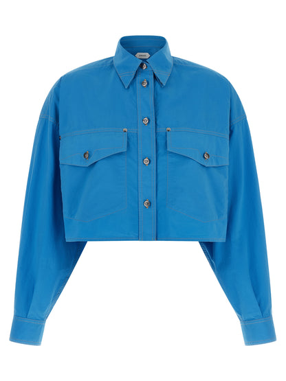 Blouse by Versace for women in cotton blue, featuring a nuanced and nuanced for a sophisticated finish.