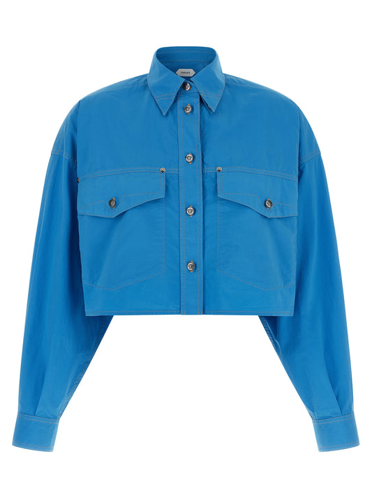 Blouse by Versace for women in cotton blue, featuring a nuanced and nuanced for a sophisticated finish.