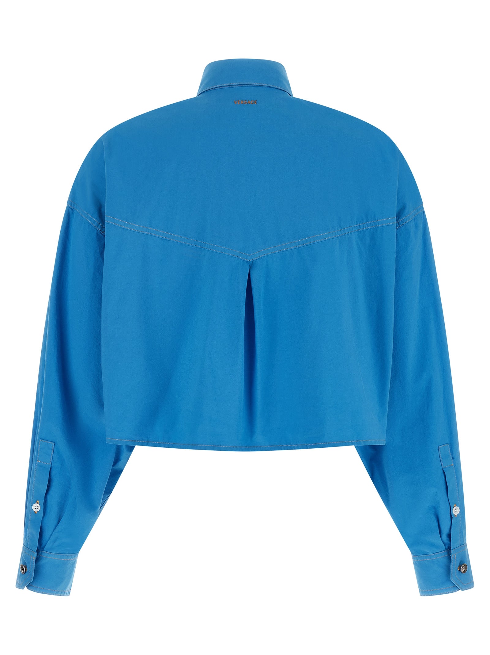Blouse by Versace for women in cotton blue features an polished silhouette, showcasing a sophisticated and detail for a truly polished finish.