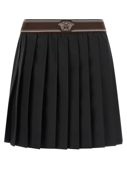 Skirt by Versace for women in mohair wool black, brown, white, jacquard & striped features a captivating silhouette, showcasing the captivating Medusa Women's Pleated Mohair Wool Skirt design with a sophisticated mini long for a captivating look.