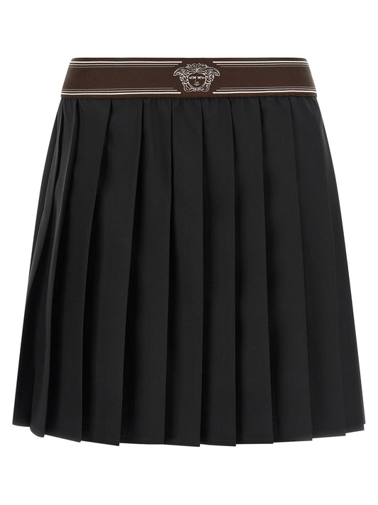 Skirt by Versace for women in mohair wool black, brown, white, jacquard & striped features a captivating silhouette, showcasing the captivating Medusa Women's Pleated Mohair Wool Skirt design with a sophisticated mini long for a captivating look.