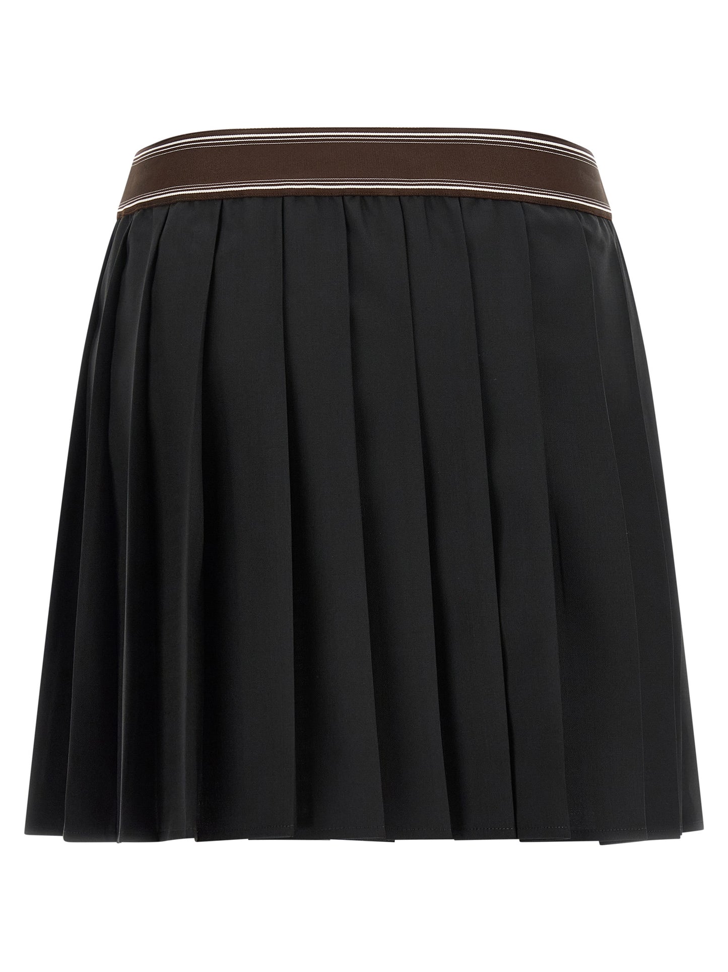 Skirt by Versace for women in mohair wool black, brown, white, jacquard & striped features an relaxed-yet-refined silhouette that elegantly showcases the Medusa Women's Pleated Mohair Wool Skirt design and sophisticated mini long.