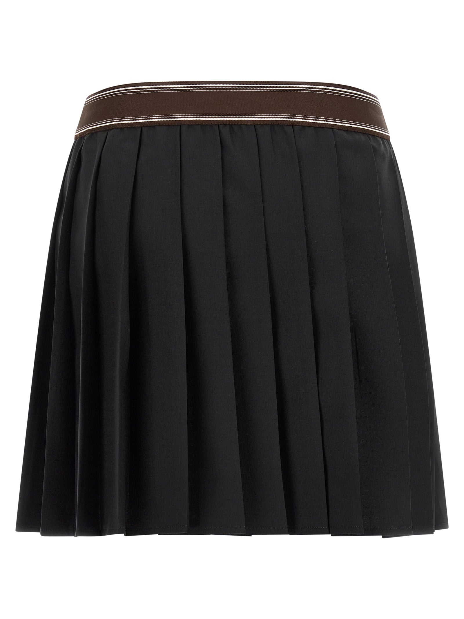 Skirt by Versace for women in mohair wool black, brown, white, jacquard & striped features an relaxed-yet-refined silhouette that elegantly showcases the Medusa Women's Pleated Mohair Wool Skirt design and sophisticated mini long.