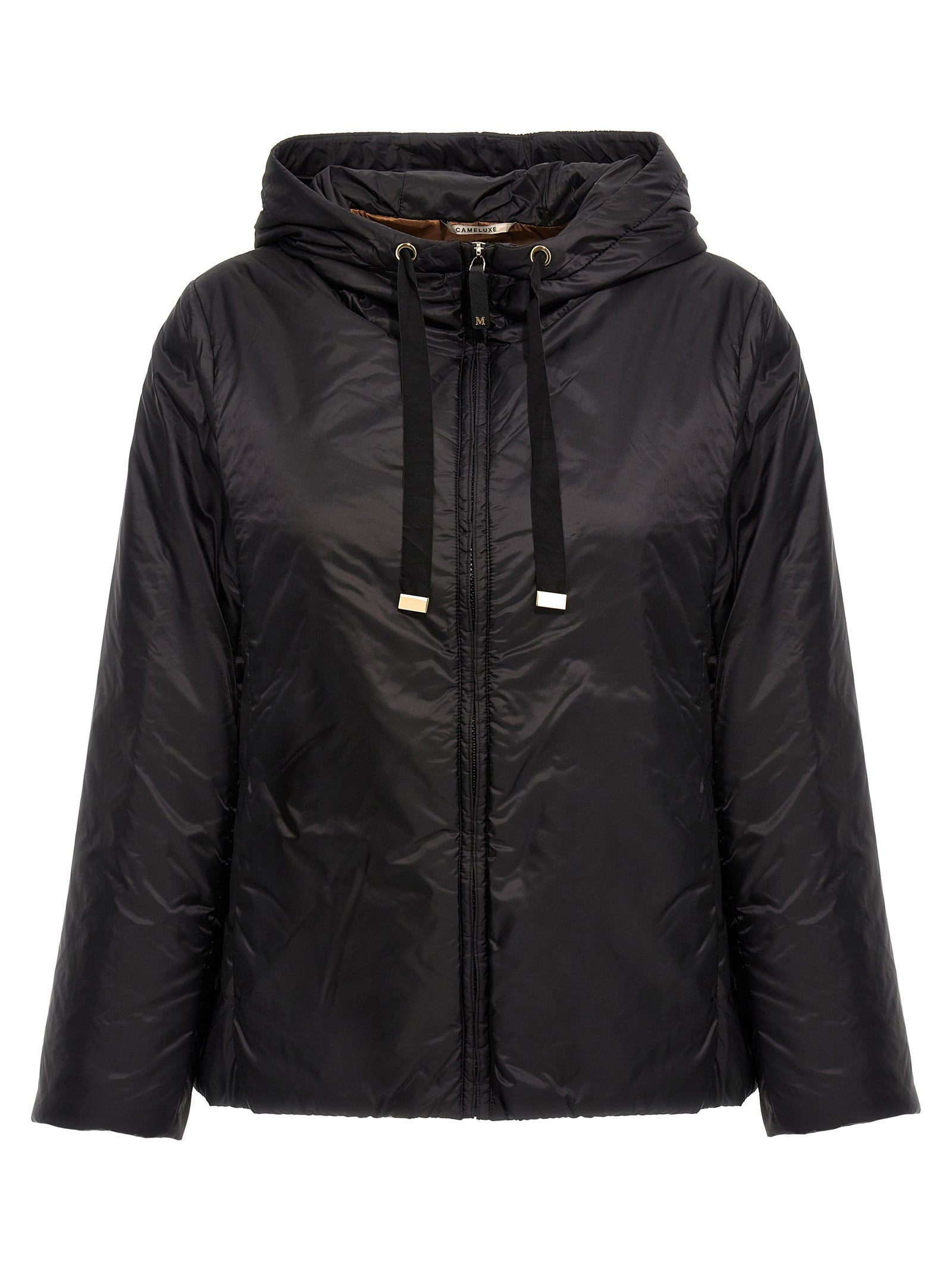 Hooded Windbreaker Jacket by Max Mara for women in polyester black, gold & signature features an enduring silhouette, showcasing technical water-resistant, hooded & windproof and a sophisticated hooded neckline for a truly enduring aesthetic.