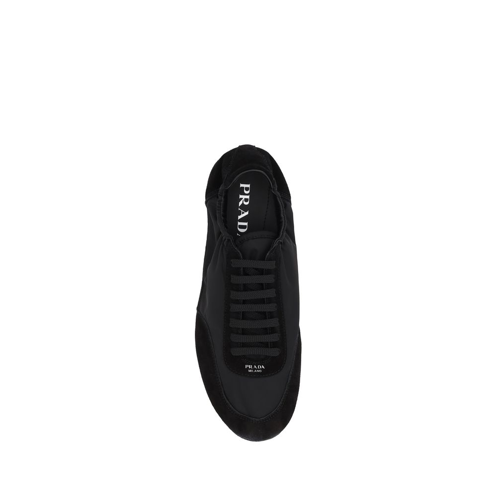 Athletic Sneakers by Prada for men in nylon suede leather black & monogram showcases a architectural silhouette, artfully capturing the essence of the Men's Athletic Nylon Suede Leather Sneakers with its signature architectural athletic style construction.