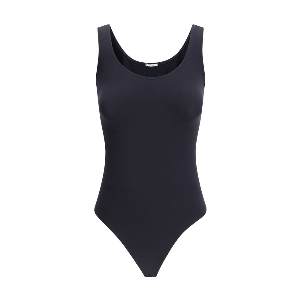 Bodysuit by Wolford for women in polyamide velvet black features an exquisite silhouette with a refined round neckline and exquisite sleeveless detailing.