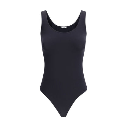 Bodysuit by Wolford for women in polyamide velvet black features an exquisite silhouette with a refined round neckline and exquisite sleeveless detailing.