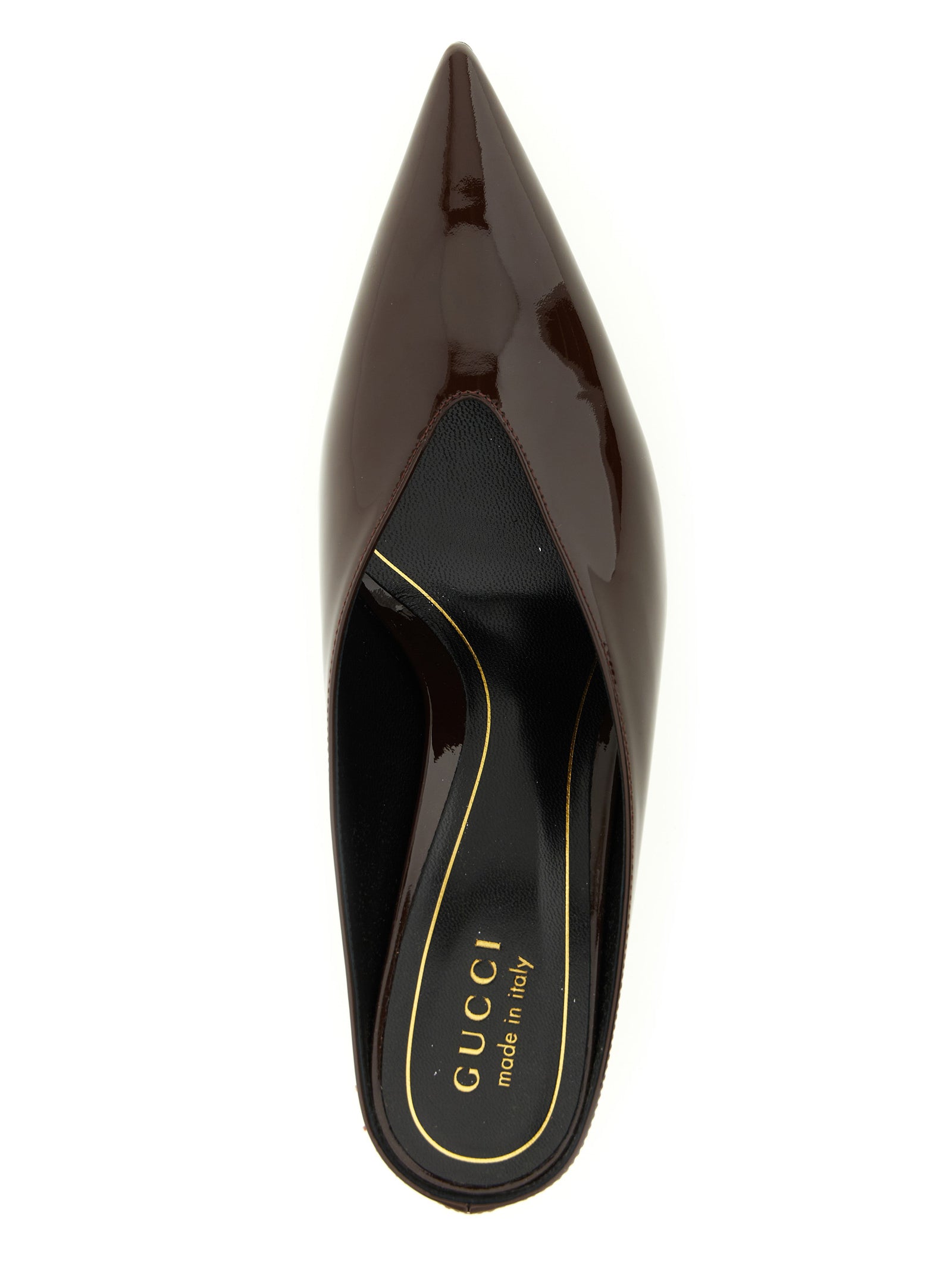 Mid-Heel Mules Pumps Heels by Gucci for women in calfskin leather bordeaux features an effortlessly chic silhouette from the Essence Women's Calfskin Leather Mid-Heel Mules Pumps Heels collection, showcasing a mid-heel and effortlessly chic pointed toe style for a effortlessly chic look.