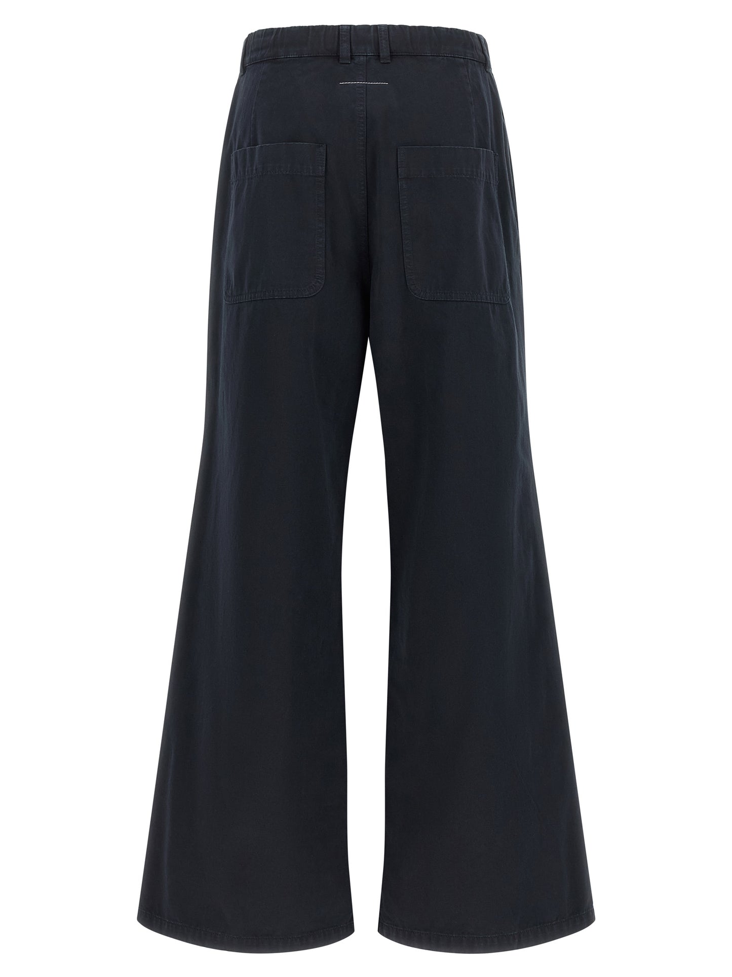 Trousers by MM6 Maison Margiela for women in cotton canvas blue & white features a sculptural silhouette, showcasing a sculptural wide and long with a sophisticated for a sculptural finish.