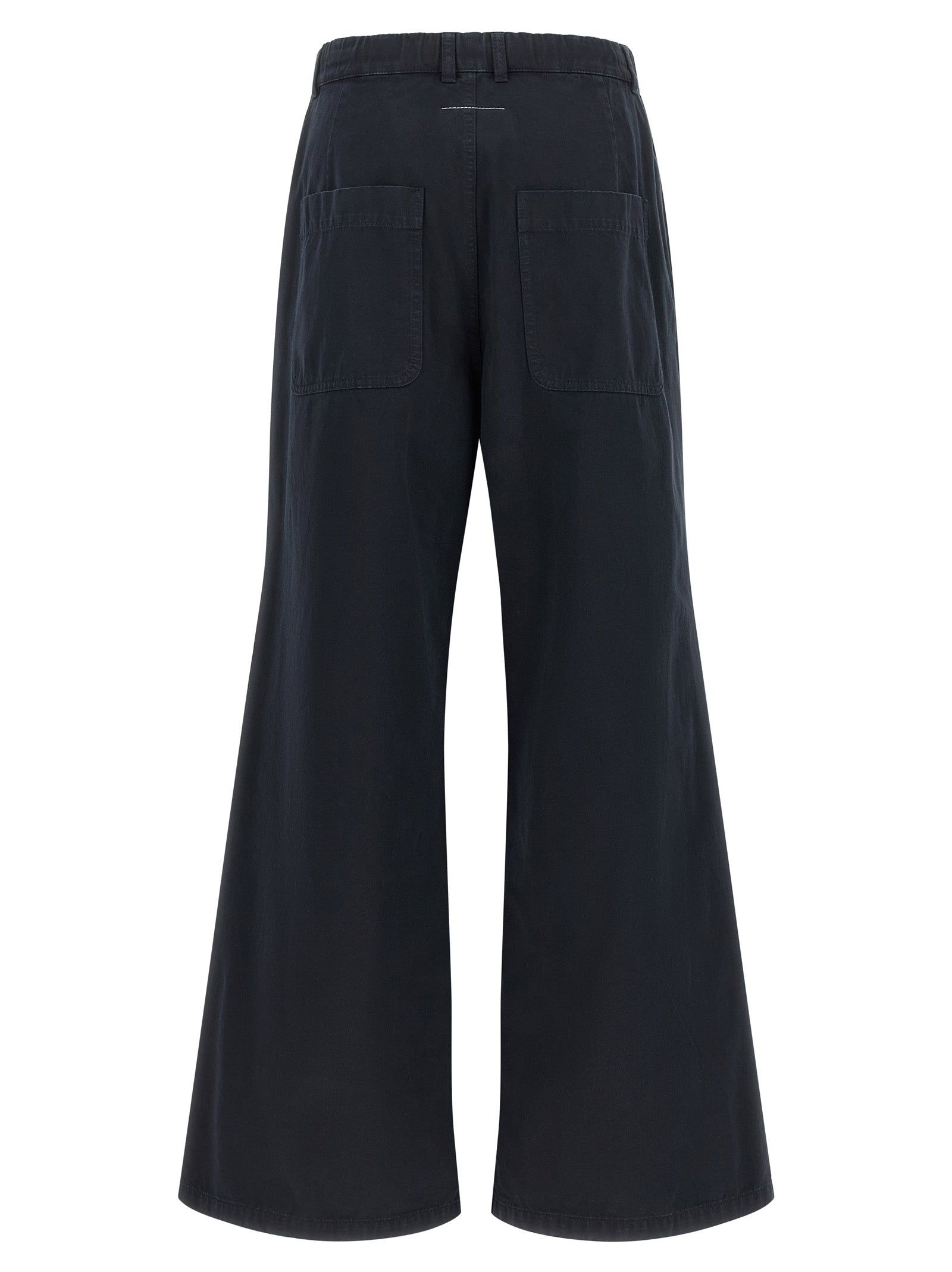 Trousers by MM6 Maison Margiela for women in cotton canvas blue & white features a sculptural silhouette, showcasing a sculptural wide and long with a sophisticated for a sculptural finish.