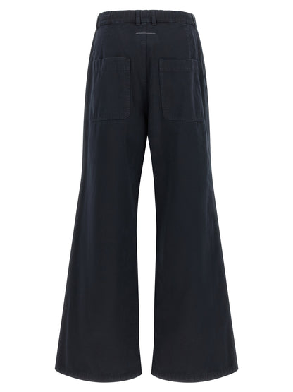 Trousers by MM6 Maison Margiela for women in cotton canvas blue & white features a sculptural silhouette, showcasing a sculptural wide and long with a sophisticated for a sculptural finish.
