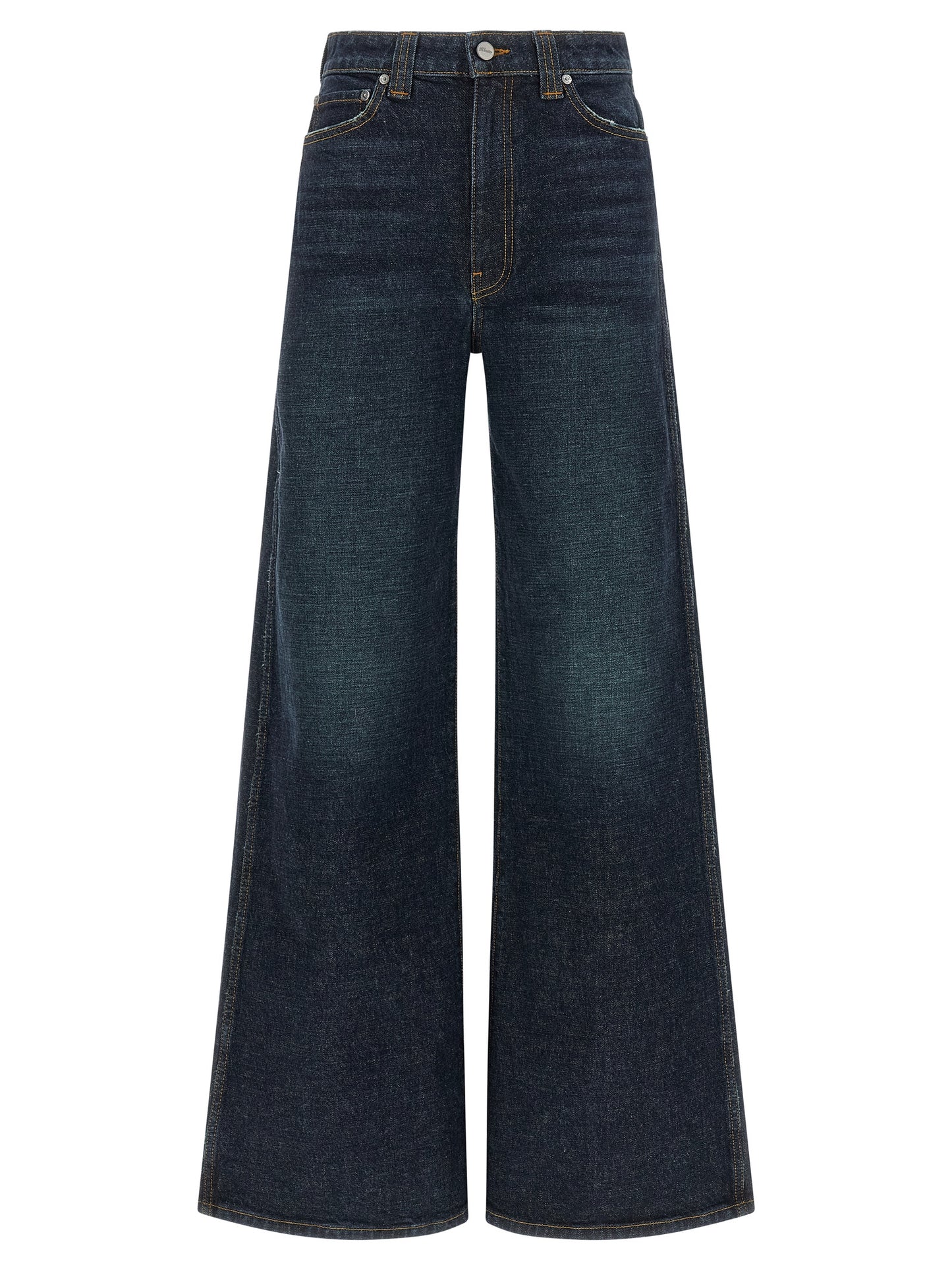 Jeans by Khaite for women in polyurethane leather & cotton denim blue features an refined tailoring silhouette, showcasing a premium flared & wide with a high rise and long cut for a refined tailoring look.