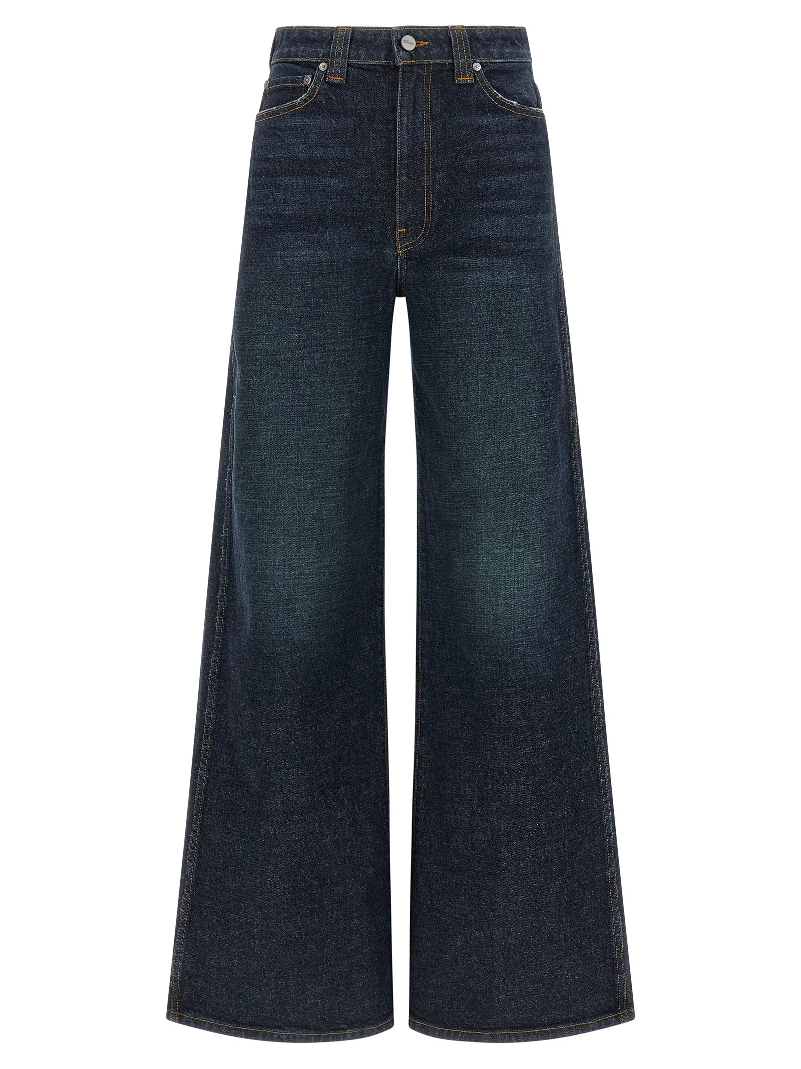 Jeans by Khaite for women in polyurethane leather & cotton denim blue features an refined tailoring silhouette, showcasing a premium flared & wide with a high rise and long cut for a refined tailoring look.